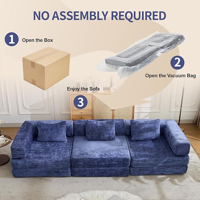 79" Convertible Sofa Bed with Pillows, Corduroy Folding Sleeper Sofa with Fixed-Shape Frame, Boneless Couch for Living Room Bedroom, Floor Sofa Lounge No Assembly Required (Modular Sofa - Blue)