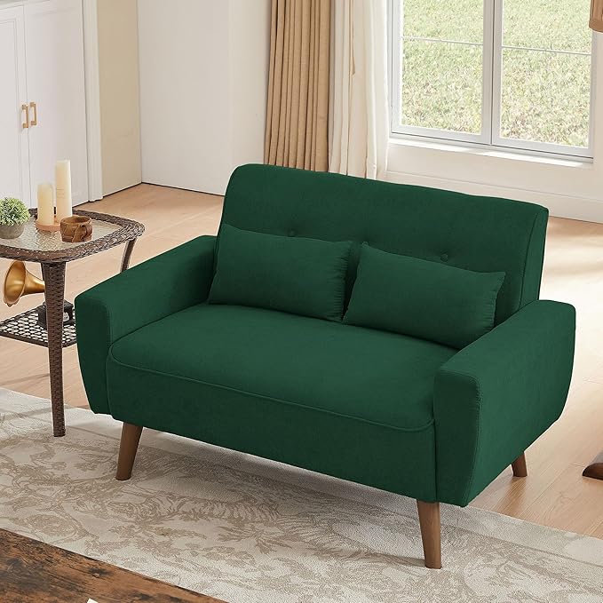 48" Loveseat Sofa, Mid Century Modern Small Couches for Living Room Bedroom Apartment, 2 Seater Love Seat, 2 Throw Pillows and Plastic Legs, Green