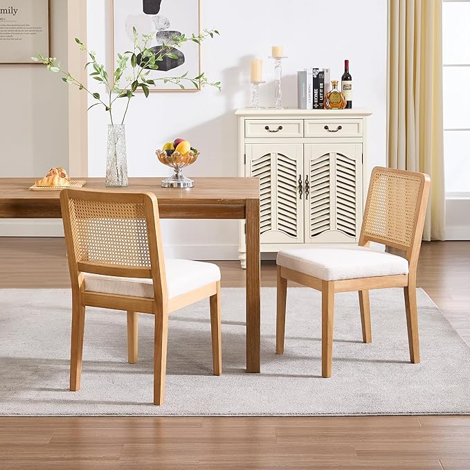 Farmhouse Rattan Dining Chairs Set of 4, Mid Century Modern Kitchen & Dining Room Chair, Rectangle Cane Upholstered Kitchen Chairs Side Chairs with Natural Wooden Legs, White Chenille
