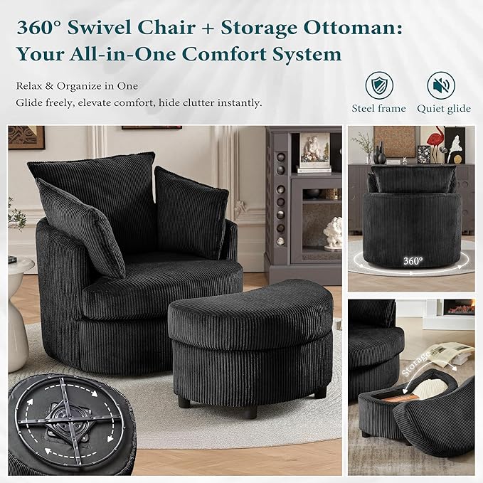 Chorlenimi Swivel Accent Chair Round Barrel Armchair Upholstered Living Room Chair Corduroy Reading Chair Single Sofa Chair for Bedroom Apartment Office (Black, Upgrade 1Seater+ Ottoman)