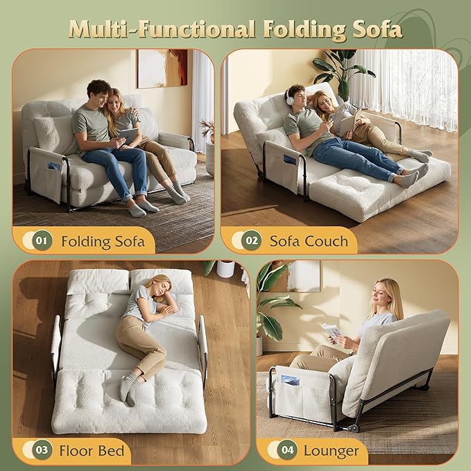 WLIVE Futon Sofa Bed with Adjustable Backrest, Bean Bag Chairs for Adults, Floor Couch with Armrest, Pillow, Low Profile Floor Seating for Living Room, Reading, Bedroom, Loveseat, Beige