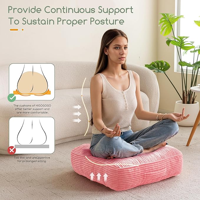 6" Washable Floor Pillow Cushion for Adults, Meditation Cushion Pillow, Large Square Floor Sitting, Removable Tufted Corduroy Cover, for Tatami Living Room or Yoga, 22x22 Inch, Machine Washable