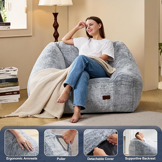 Hobestluk Bean Bag Chairs for Adults Giant Bean Bag Chair with Memory Foam Filling, Adult Beanbag for Bedroom, Living Room (Grey Two-Tone)