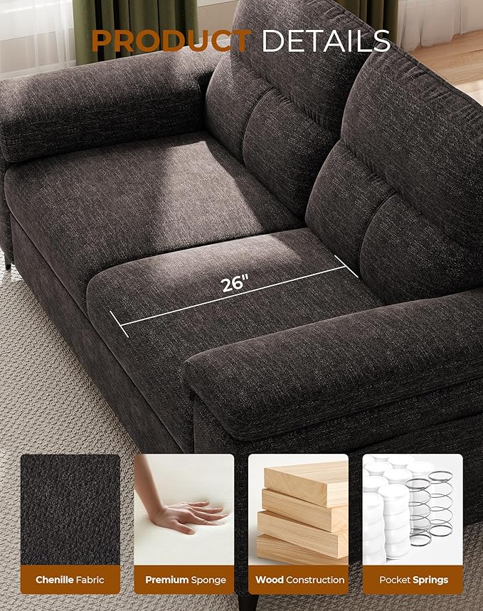 Upvilla 88.97" Modern Sofa Couch for Living Room, Deep Seat Sofa with 8”Cushion, Comfy 2-Seater Chenille Loveseat Sofa with Convertible Armrest, Removable Sofa Cover, High Leg (Dark Gray)