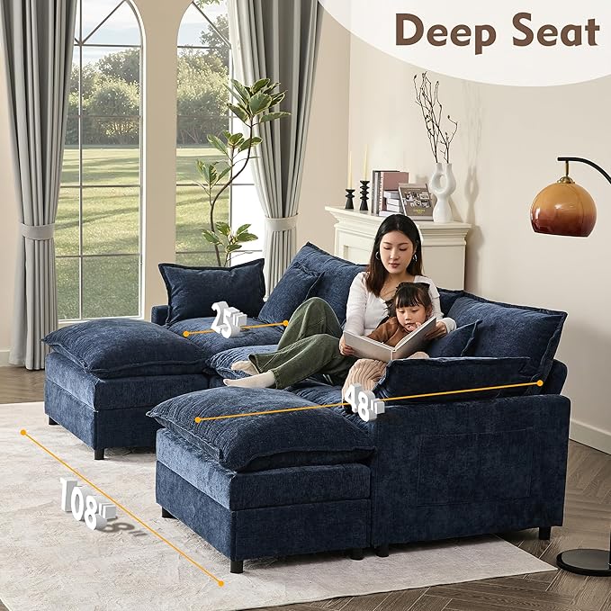 GOSUHI 108" U Shaped Couch, Modular Sectional Sofa, 3-Seater Comfy Cloud Couch with Movable Ottoman, Deep Seat Couches for Living Room, Chenille, Navy