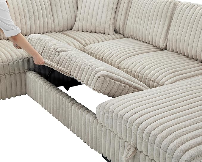 Olodumare Oversized Convertible Sectional Sofa Bed for Living Room, Modern 122'' Corduroy Upholstered U-Shaped Couch with Right Chaise Hidden Storage & Pull-Out Bed, USB & Type-C Port, Cream Khaki