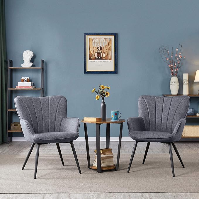 Yaheetech Accent Chair, Modern and Elegant Armchair, Linen Fabric Living Room Chair Vanity Chair with Metal Legs and High Back for Living Room Bedroom Office Waiting Room, Set of 2, Grey