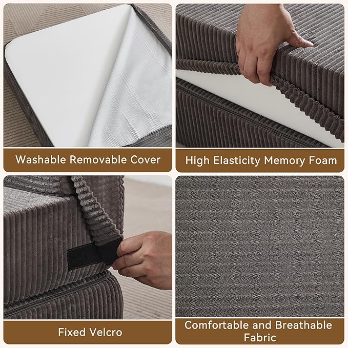 Folding Sofa Bed Convertible Floor Couch Foldable Chair Bed with Pillow，Linen Sleeper Chair Futon,Foldable Memory Foam Mattress for Bedroom/Living Room/Dorm/Office (Corduroy Grey, Standard)