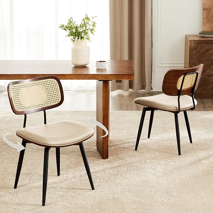 Quenvo Swivel Dining Chairs with Rattan Back, Rattan Leather Dining Chairs with Swivel Metal Legs, Mid-Century Modern Synthetic Leather Upholstered Kitchen Chair, Set of 2, Beige