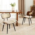 Quenvo Swivel Dining Chairs with Rattan Back, Rattan Leather Dining Chairs with Swivel Metal Legs, Mid-Century Modern Synthetic Leather Upholstered Kitchen Chair, Set of 2, Beige
