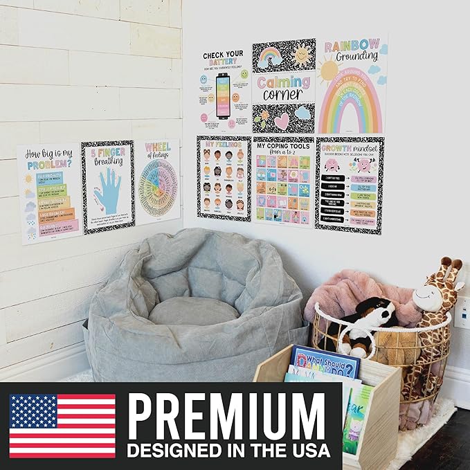 Hadley Designs 9 Calming Corner Posters For Classroom Must Haves For Teachers - 11x14 Calm Down Corner Supplies, Feelings Chart For Kids Ages 4-8, Feelings Wheel Poster, Pastel Classroom Decor