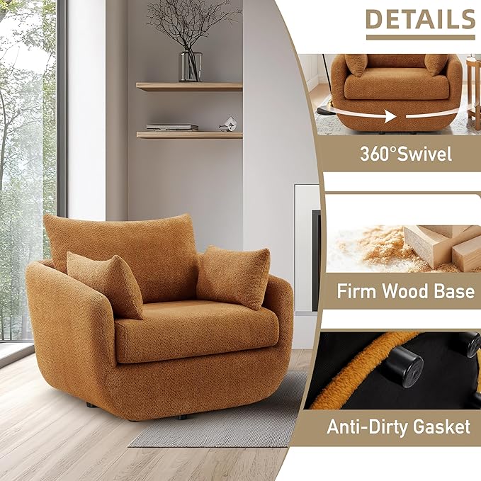 UNUQLIVCO 360° Swivel Accent Armchair, 39.3" Oversized, Sherpa Boucle Fabric Sofa Chair with Removable Back & Arm Pillows, Swivel Chair with Cozy Soft Padded (1, Curry)