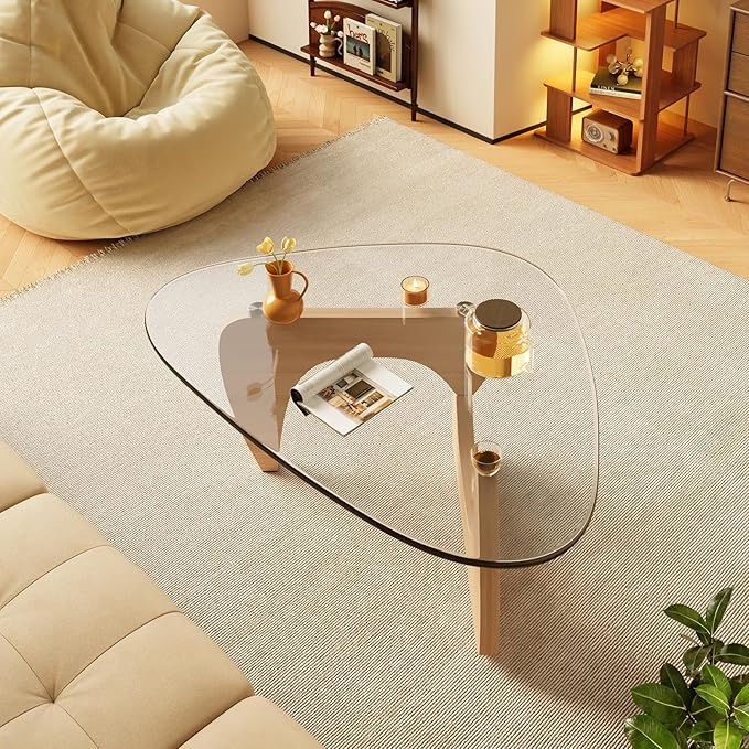 LUCKIIA Coffee Tables Glass Small Farmhouse Coffee Table Mid-Century Modern Wood Center Table for Living Room, Original Transparent, 32 Inch