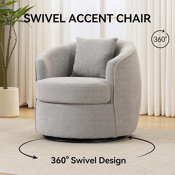 FaFaSoGoodFa Swivel Accent Chair Set of 2, Modern Upholstered Boucle Barrel Arm Chairs with Pillow for Living Room, 360 Degree Round Swivel Sherpa Armchair with Round Base for Bedroom Club (2, Grey)