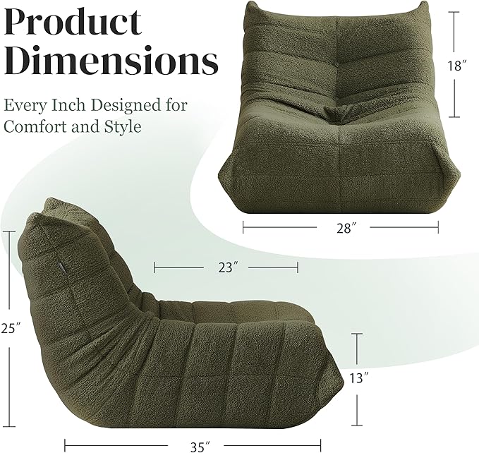 Bean Bag Chair, Fireside Chair Bean Bag Sofa for Adults, Bean Bag Chairs for Teens with High-Resilience Foam, Memory Foam & Non-Slip Base Bean Bag for Living Room, Bedroom, Office (Teddy, Green)