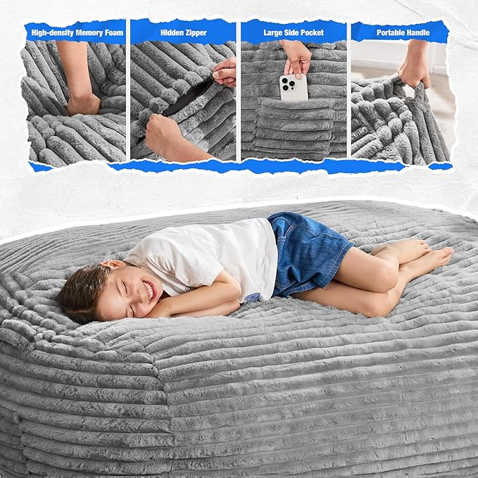 Hobestluk 3FT Bean Bag Chairs Adult Bean Bag with Portable Handle Comfy Large Bean Bag Chair with Removable Cover for Living Room Bedroom or Reading Nook (Stripe Grey, 3FT)