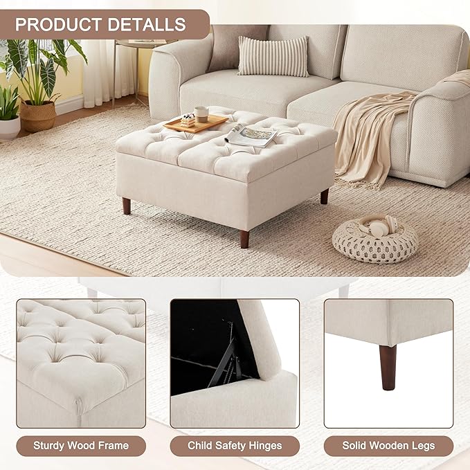 35 Inch Extra Large Storage Ottoman Coffee Table, No Assembly Required, Oversized Square Ottoman with Storage, Tufted Upholstered Ottomans Coffee Table for Living Room (Fabric, Beige)