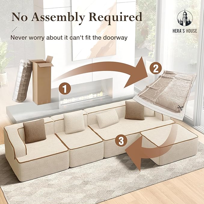 HERA'S HOUSE 134" Cloud Sectional Couch, L-Shaped Modular Upholstered Sofa with Ottoman, Corduroy Boneless Couches with Wide Armrest and 5 Throw Pillows for Living Room, No Assembly Required, Beige