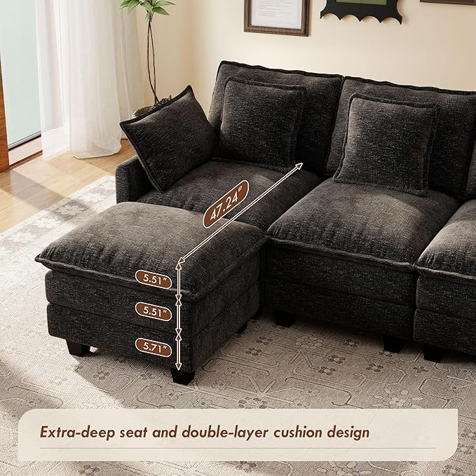Ihanherry 106" U-Shaped Modern Sofa Modular Sectional Cloud Couch 6-Seat Chenille Seat Sofa with Ottoman for Living Room, Bedroom and Apartment, Black