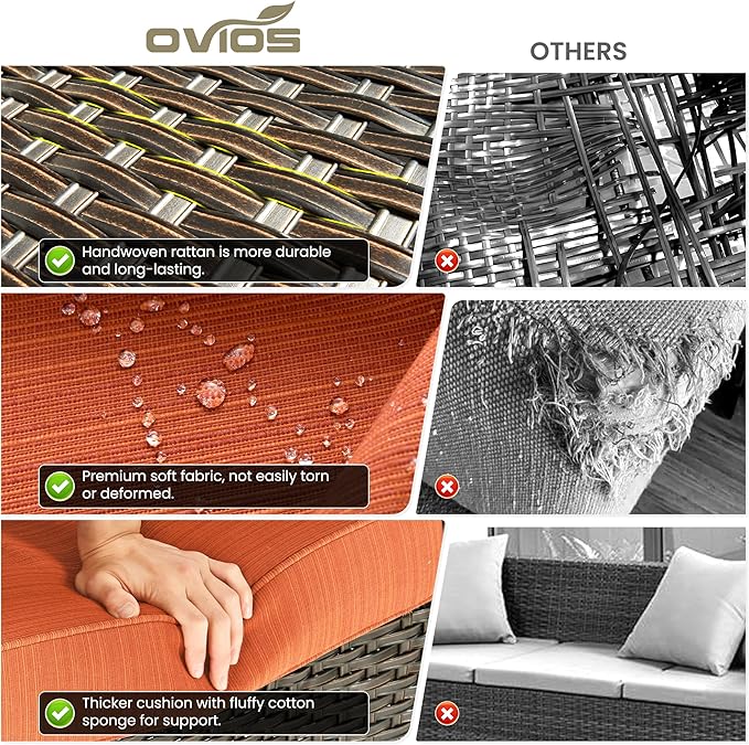 ovios 5 Pieces Patio Furniture Set, Outdoor Wicker Sofa Couch with Swivel Chairs 42" Fire Pit Table, High Back Modern All Weather Conversation Sets, Brown Rattan, Orange Red