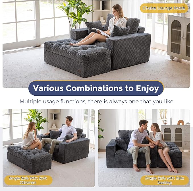 MAXYOYO Oversized Chaise Lounge Sofa, Upholstered Lounge Chair with 3 Pillows, Tufted Boneless Sofa Couch with Ottoman, Deep Seat Sleeper Chair for Living Room, Bedroom, No Assembly, Dark Grey