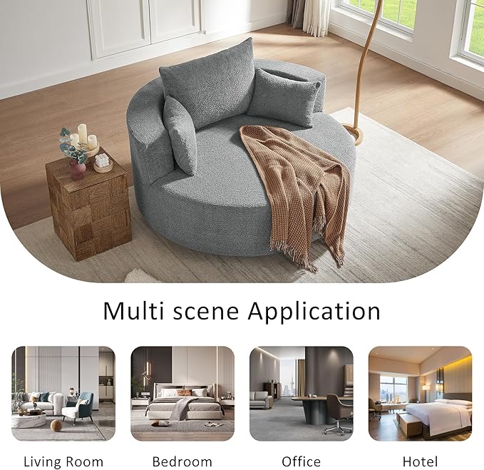Merax 360° Swivel Chair, Chenille Fabric Accent Barrel Chair, Swivel Round Sofa Chair with 3 Removable Pillows for Living Room, Bedroom, Office and Hotel, Grey