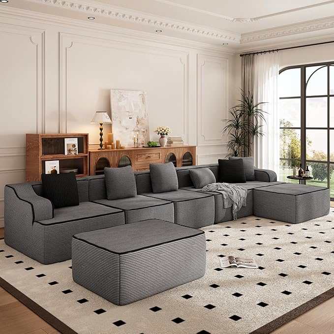 PHI VILLA Cloud Modular Couch, Boneless Sectional Sofa with U-Shaped Chaise, 7-Seater Couches with Movable Ottomans for Living Room, No Assembly Required, Corduroy, Grey