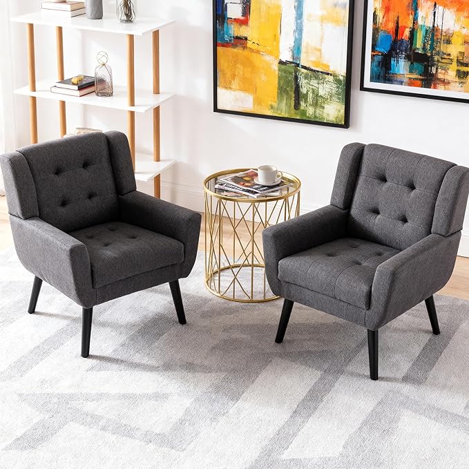 OO BY ORANGE ONLINE Set of 2 Linen Accent Chair, Mid-Century Modern Tufted Armchair for Living Room, Bedroom & Office (Drak Gray)