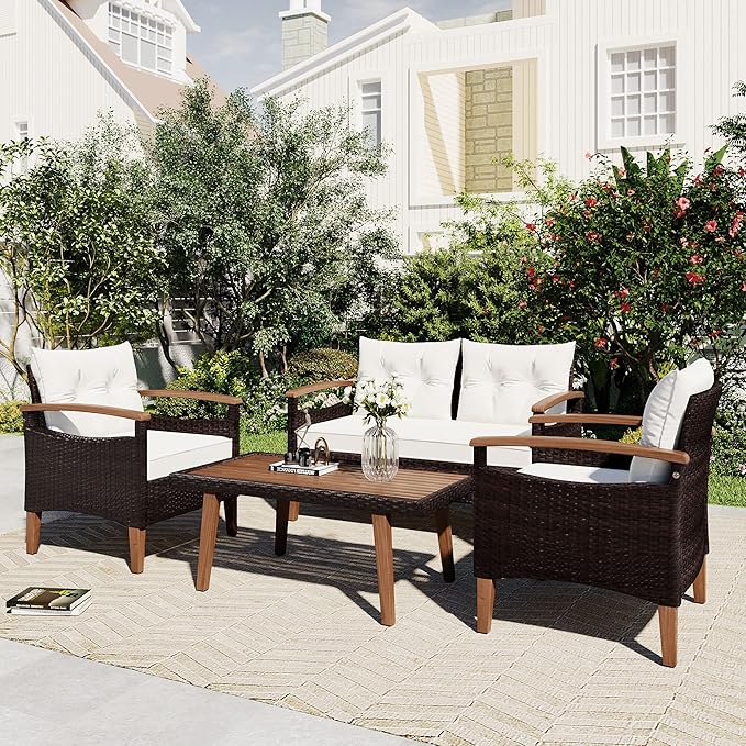 Merax Patio Furniture Sets 4 Pieces, All Weather Outdoor PE Rattan Sofa with Wood Table and Legs, for Lawn, Backyard, Poolside or Garden, Beige