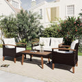 Merax Patio Furniture Sets 4 Pieces, All Weather Outdoor PE Rattan Sofa with Wood Table and Legs, for Lawn, Backyard, Poolside or Garden, Beige