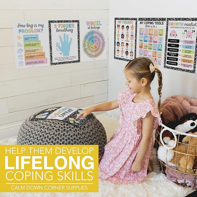 Hadley Designs 9 Calming Corner Posters For Classroom Must Haves For Teachers - 11x14 Calm Down Corner Supplies, Feelings Chart For Kids Ages 4-8, Feelings Wheel Poster, Pastel Classroom Decor