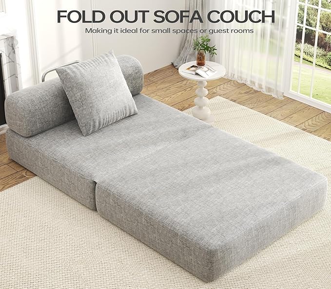 DURASPACE 39.2'' Folding Sofa Bed, Floor Foldable Futon with Memory Foam, Convertible Sleeper Chair with Back Support for Living Room (Chenille Gray)