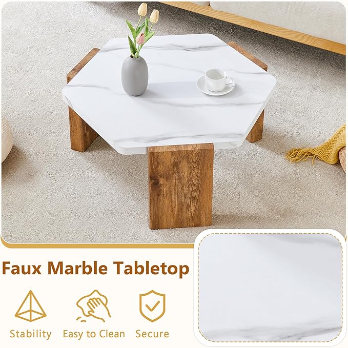 31" Modern-Style Hexagonal Coffee Table with White Marble Surface