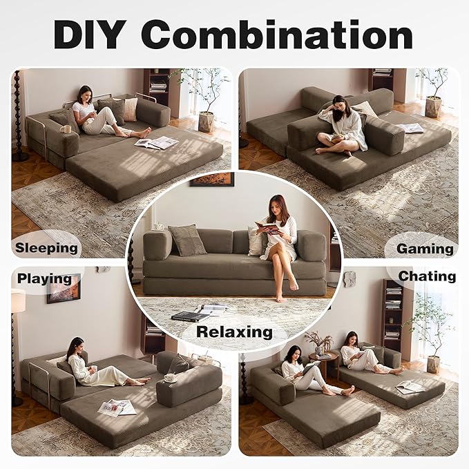 LIAROO 78.8" Convertible Sofa Bed -Compression Sofa with Corduroy Fabric - with Armrests and Backrest - Modular Sectional for Living Room, Bedroom, Studio - Compression Sofa in Box (Brown)