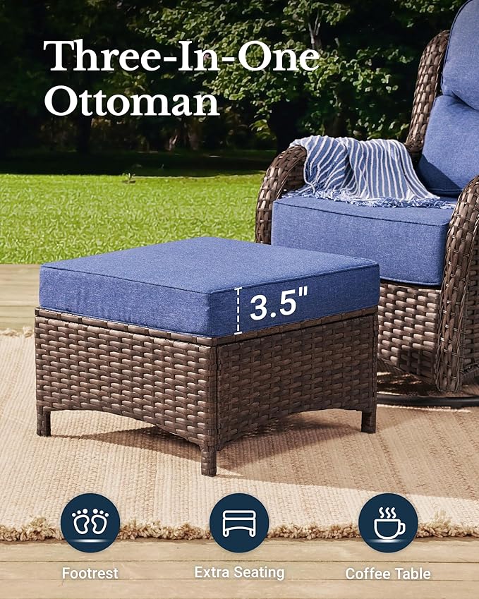 HILLGA Luxury Patio Furniture Set with 6-inch Thick Cushion, Outdoor High Back Swivel Rocker Patio Chairs, 5PCS Wicker Conversation Set for Deck Yard and Poolside, Blue (V2)