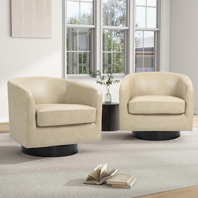 Swivel Barrel Chair, Modern Round PU Leather Accent Armchair for Living Room, Bedroom, Oversized Comfy Club Reading Chairs for Adults (Leather Cream, Set of 1)