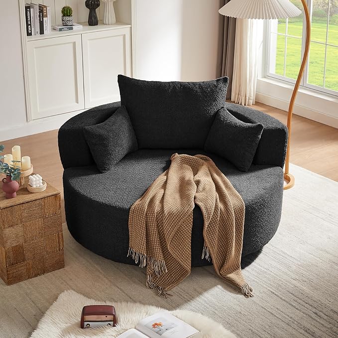 Merax 360° Swivel Chair, Chenille Fabric Accent Barrel Chair, Swivel Round Sofa Chair with 3 Removable Pillows for Living Room, Bedroom, Office and Hotel, Black
