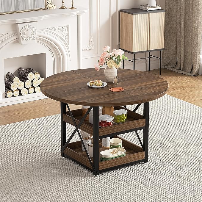 Round Dining Table with Storage for 4, Modern Kitchen Table for Small Space, Space Saving Dining Table for Dining Room, Apartment, or Breakfast Nook (Boxwood Color- Table Only)