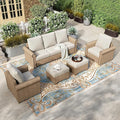 HERA'S HOUSE 5 Pieces Patio Furniture Set, All Weather 7 Seats Outdoor Wicker Sofa with Ottoman, 5.5" Thick Waterproof Cushion Conversation Set for Garden Deck Backyard, Beige