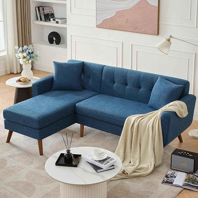 Tbfit L Shaped Couch Sofa, 80" W Mid-Century Modern Sectional Couches, 3 Seater Sofas with Wide Chaise Lounge, Button Tufted Upholstered Sectional Sofa for Living Room, Bedroom, Blue | linen fabric, button tufted, solid wood foot, pocket spring, wood s...