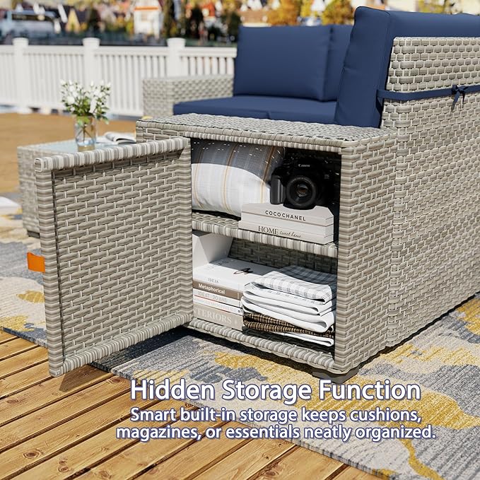 Broivira 13 Piece Patio Furniture Set with 50,000 BTU Rattan Fire Pit Table That Converts to Coffee Table, 9.8" Wide Arm Sectional Sofa with Storage Armrests, Outdoor Rattan Conversation Set, Blue