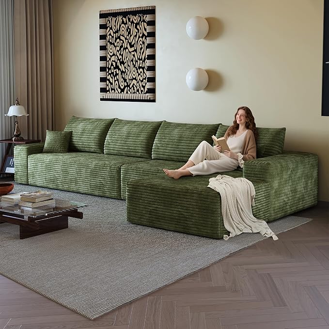 AUGOP 136" Sectional Couches for Living Room Modern Modular Sofa with L-Shape Couchs Upholstered Boneless Couch Deep Seat Sectional Couch with Chaise (Green, Right Facing Chaise+3Seaters)
