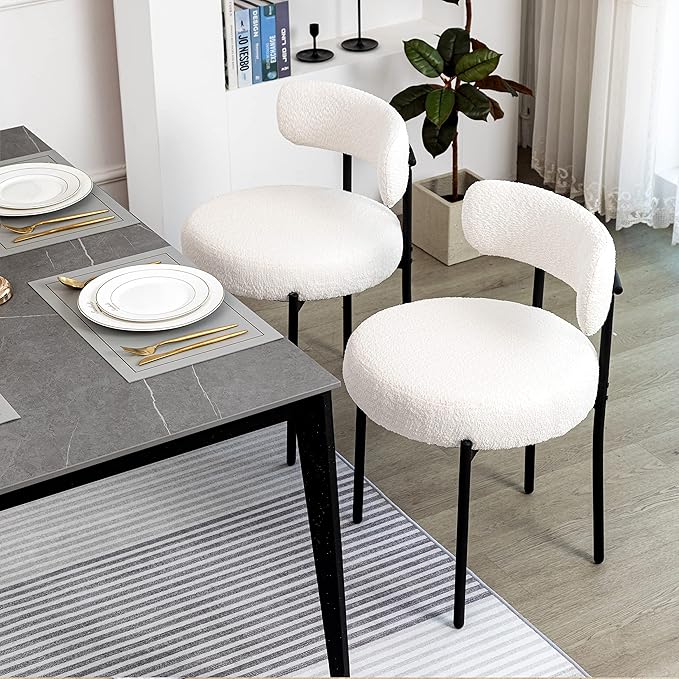 DYHOME White Boucle Dining Chairs Set of 2, Mid Century Modern Kitchen Chairs, Upholstered Dining Room Chairs with Curved Backrest and Black Metal Legs