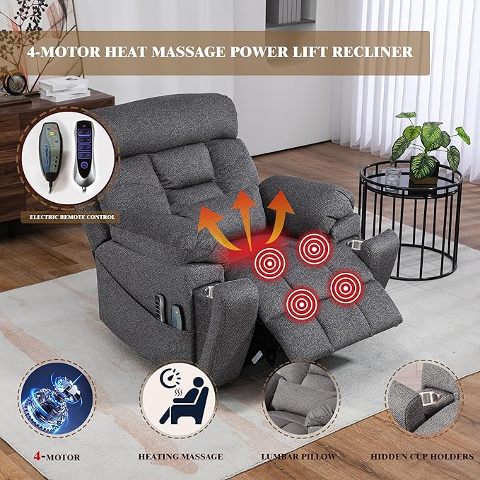 Lay Flat Power Lift Recliner Chair, | 400lbs | 25.5in Extra Wide | 4-Motor | Heat, Massage, Hidden Cup Holder, Sleeping | Big Man, Elderly (Light Grey)