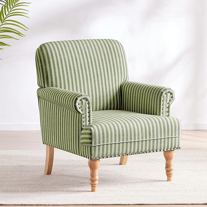 HUIMO Linen Fabric Accent Chair, Mid-Century Modern Armchair with Solid Wood Legs, Single Sofa Chair,Upholstered Reading Club Chair (1, Green and White Stripe)