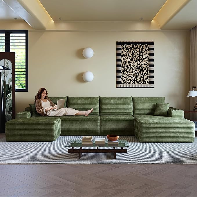 AUGOP 136" Sectional Couches for Living Room Modern Modular Sofa with L-Shape Couchs Upholstered Boneless Couch Deep Seat Sectional Couch with Chaise (Green, Right Facing Chaise+3Seaters+Ottoman)