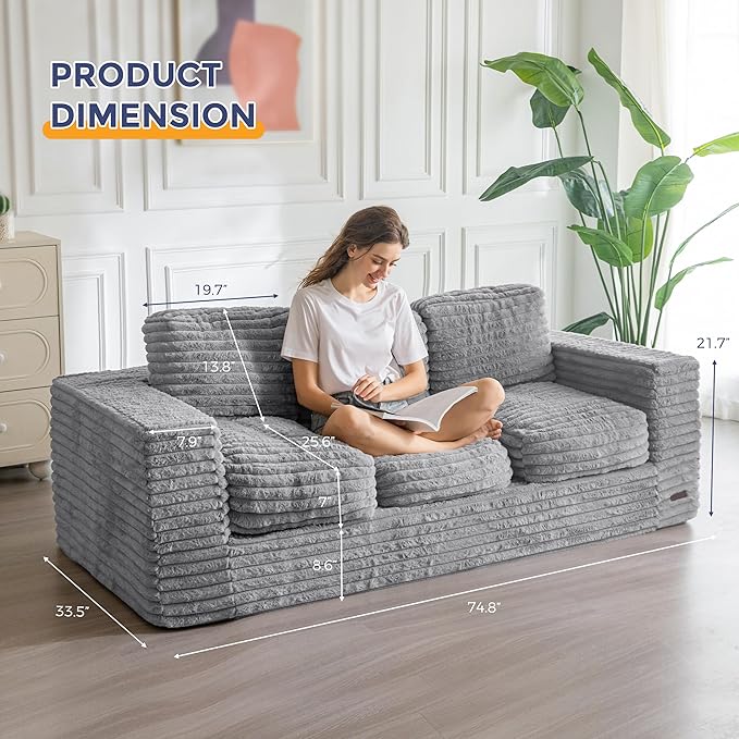 MAXYOYO 3-Seater Boneless Sofa Couch, Modern Faux Fur Sofa for Living Room, Soft Bean Bag Chair High-Density Foam Couch with Pillows, No Assembly Required