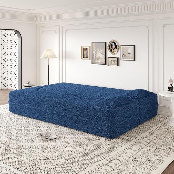 Modern Floor Sofa with 2 Pillows, Convertible Teddy Fabric Foam-Filled Sleeper Sofa Bed for Living Room, Guest Bed, Playroom, No Assembly Required, Blue