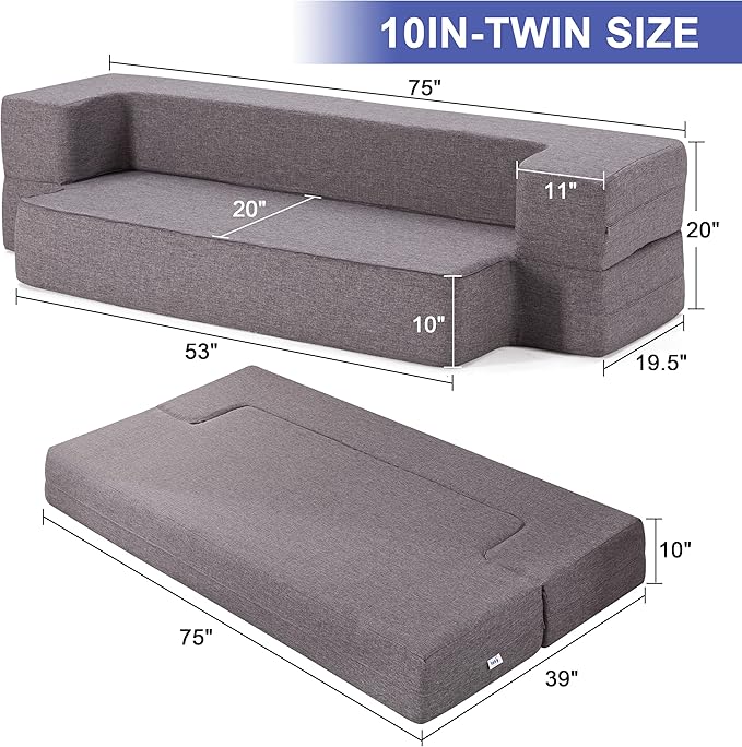 Lazyzizi Floor Sofa Bed, Convertible Sleeper Lounge Couch Folding Mattress with 2 Pillows & Washable Cover for Living Room, Guest, Playroom 10inches Twin