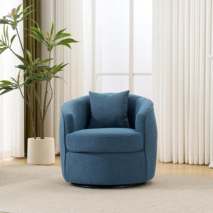 FaFaSoGoodFa Swivel Accent Chair, Modern Upholstered Boucle Barrel Arm Chairs with Pillow for Living Room, 360 Degree Round Swivel Sherpa Armchair with Round Base for Bedroom Club (1, Dark Blue)